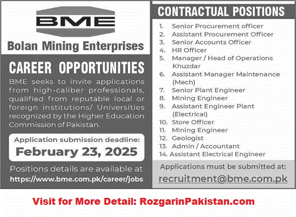 Bolan Mining Enterprises Quetta Jobs 2025